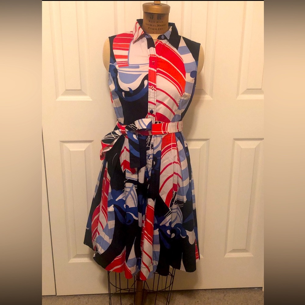 Talbots size 2 Petites red, white, black and blue just below the knee dress.